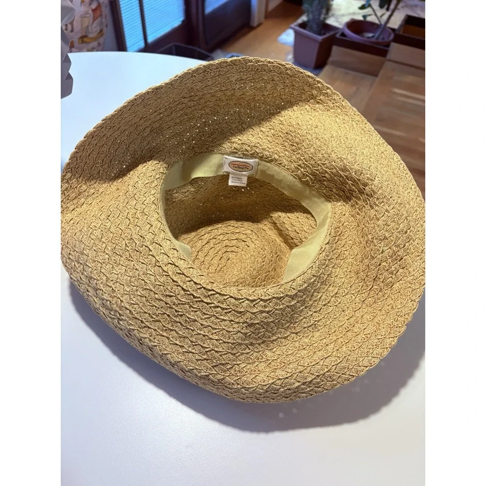 Talbots Woven Straw Sun Hat Wide Brim Paper Cotton Blend With Bow‎ Natural Tan